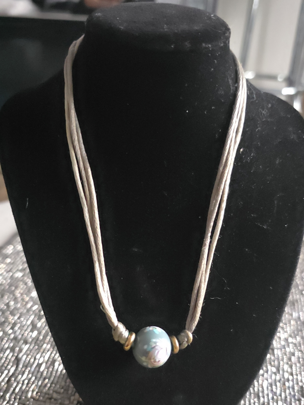 Vintage Multi-Strand Neutral Cord Necklace with Pastel Blue-Green Focal Bead